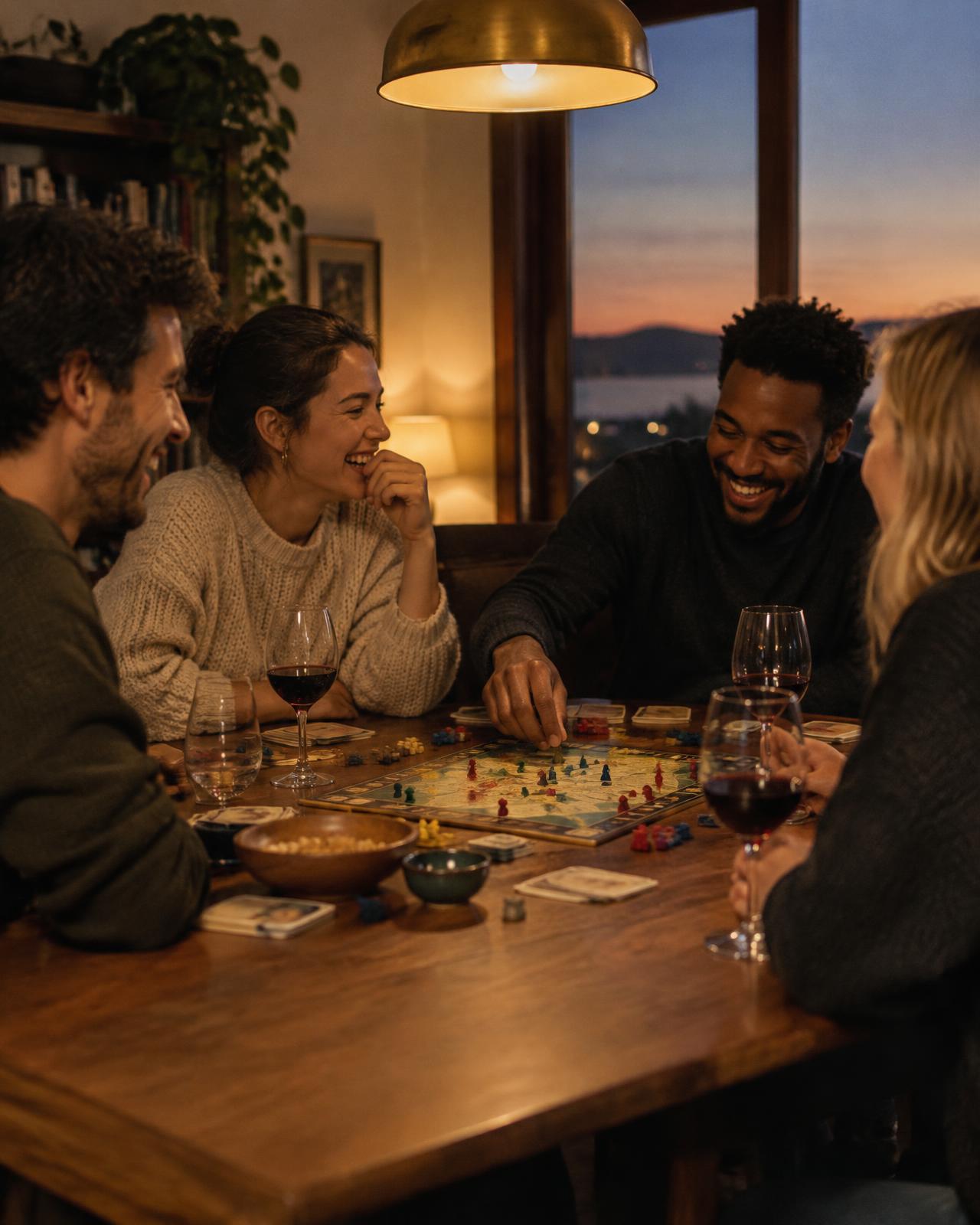 Friends laughing around a wooden table during an evening board game